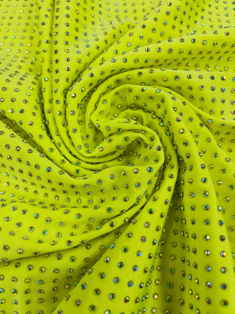Rhinestones Solid Color Fabric - Neon Yellow - 4 Way Stretch Soft Solid Fabric with Crystal RhineStones Sold by Yard