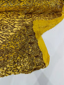 Damask Fancy Pattern Fabric - New Gold - 4 Way Stretch Sequins Prom Design By Yard