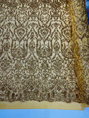 Damask Fancy Pattern Fabric - New Gold - 4 Way Stretch Sequins Prom Design By Yard