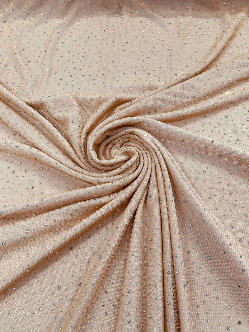 Power Mesh Polyester Rhinestones Fabric - Nude - 4 Way Stretch Mesh Fabric Sold by Yard