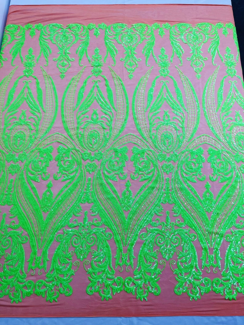 Iridescent Sequins Fabric on Mesh - by the yard - Damask Design 4 Way Stretch Sequin Fabric