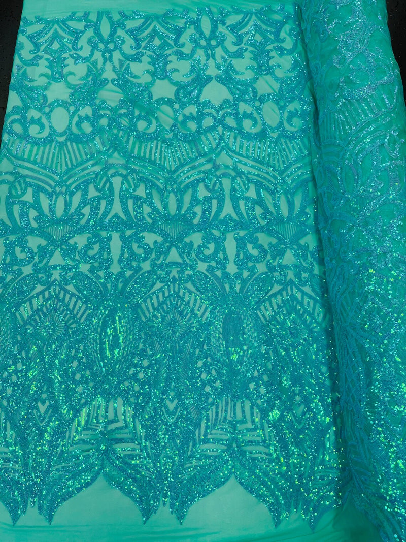Iridescent Sequin Fabric - New Mint Green - 4 Way Stretch Royalty Lace Sequin By Yard