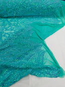 Iridescent Sequin Fabric - New Mint Green - 4 Way Stretch Royalty Lace Sequin By Yard