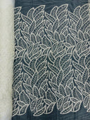 Off-White Wavy Lines Leaf Pattern Beaded Fabric - Embroidered Line Beaded Wedding Bridal Fabric Sold By The Yard