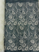 Off-White Wavy Leaf Pattern Fabric - Embroidered Beaded Bridal Fabric Sold By The Yard