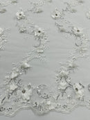 3D Flower Sequin Cluster Design - Off-White - Sequins Embroidered Floral Design on Tulle Sold By Yard