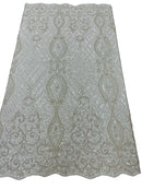 Elegant Damask Beaded Fabric - Off-White - Embroidered Floral Damask Net Fabric Sold By Yard