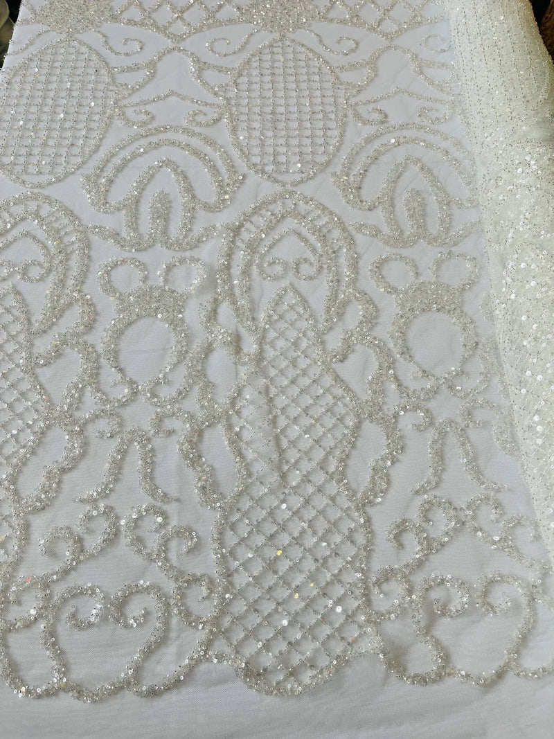 Fashion Design Bead Damask Fabric - Off-White - Embroidered Elegant Design on Mesh Sold By The Yard