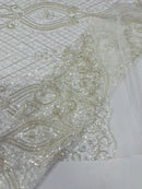 Elegant Damask Beaded Fabric - Off-White - Embroidered Floral Damask Net Fabric Sold By Yard