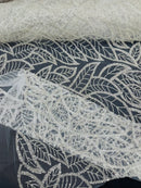 Off-White Wavy Lines Leaf Pattern Beaded Fabric - Embroidered Line Beaded Wedding Bridal Fabric Sold By The Yard
