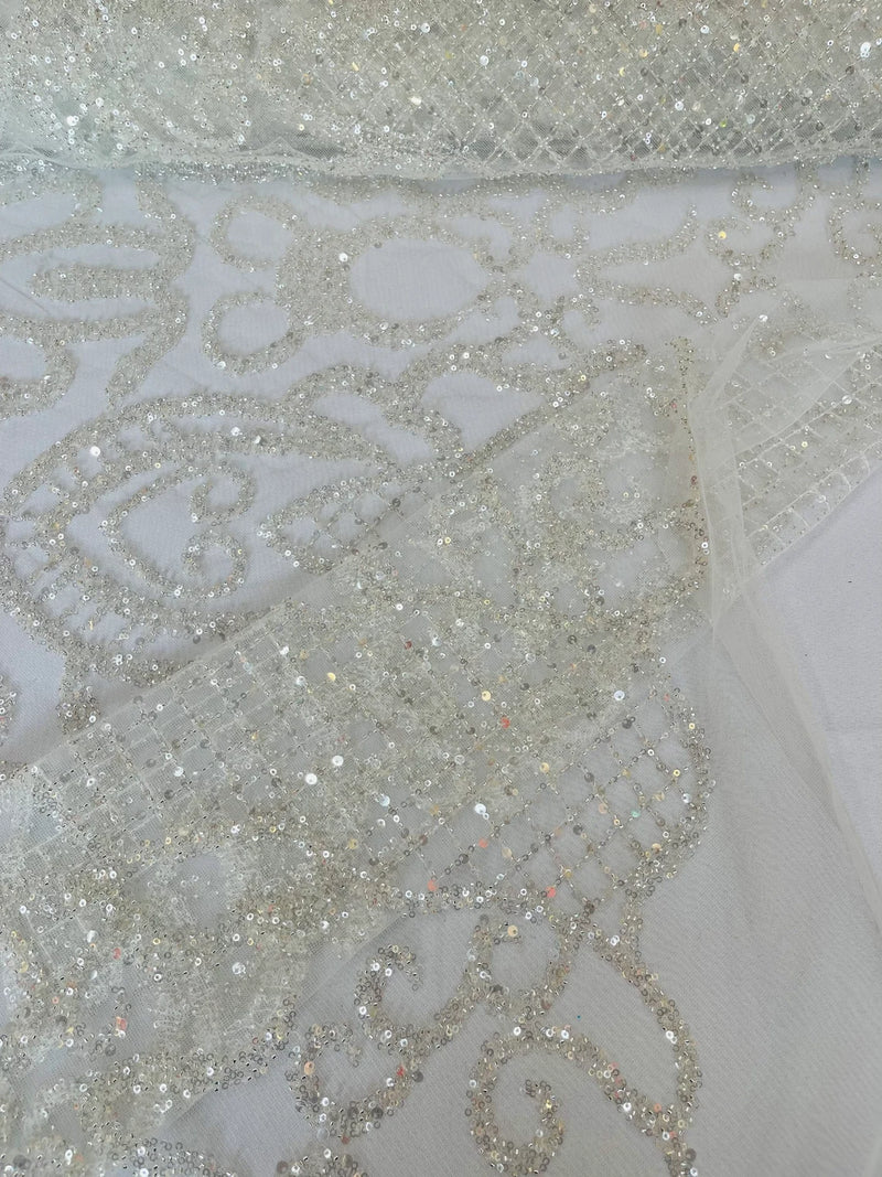 Fashion Design Bead Damask Fabric - Off-White - Embroidered Elegant Design on Mesh Sold By The Yard