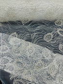 Off-White Wavy Leaf Pattern Fabric - Embroidered Beaded Bridal Fabric Sold By The Yard