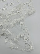 3D Flower Sequin Cluster Design - Off-White - Sequins Embroidered Floral Design on Tulle Sold By Yard