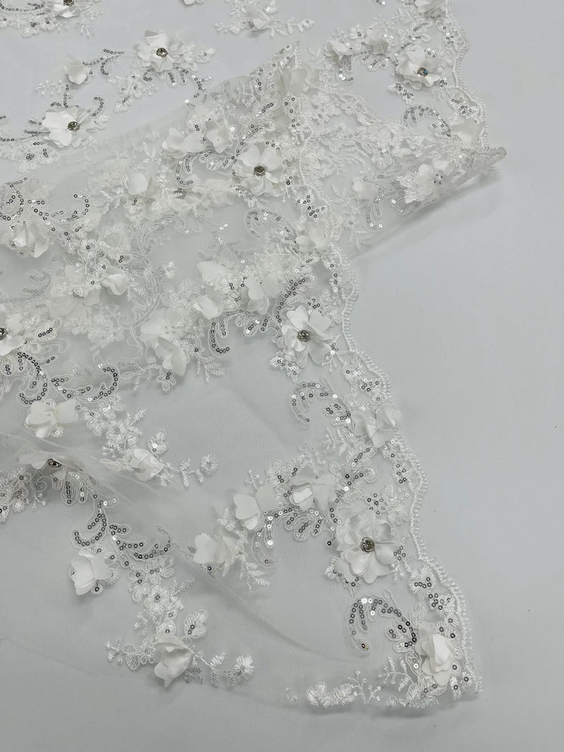 3D Flower Sequin Cluster Design - Off-White - Sequins Embroidered Floral Design on Tulle Sold By Yard