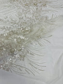 Flower Lines Fashion Design Fabric - Off-White - Embroidered Floral Beads and Sequins Sold By Yard