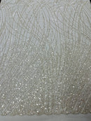 Wild Grass Beaded Fabric - Off-White - Embroidered Wavy Grass Pattern Fabric Sold By Yard