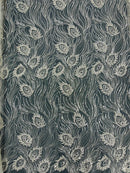 Off-White Wavy Leaf Pattern Fabric - Embroidered Beaded Bridal Fabric Sold By The Yard