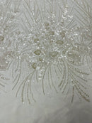 Flower Lines Fashion Design Fabric - Off-White - Embroidered Floral Beads and Sequins Sold By Yard