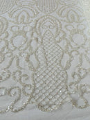 Fashion Design Bead Damask Fabric - Off-White - Embroidered Elegant Design on Mesh Sold By The Yard