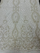 Elegant Damask Beaded Fabric - Off-White - Embroidered Floral Damask Net Fabric Sold By Yard