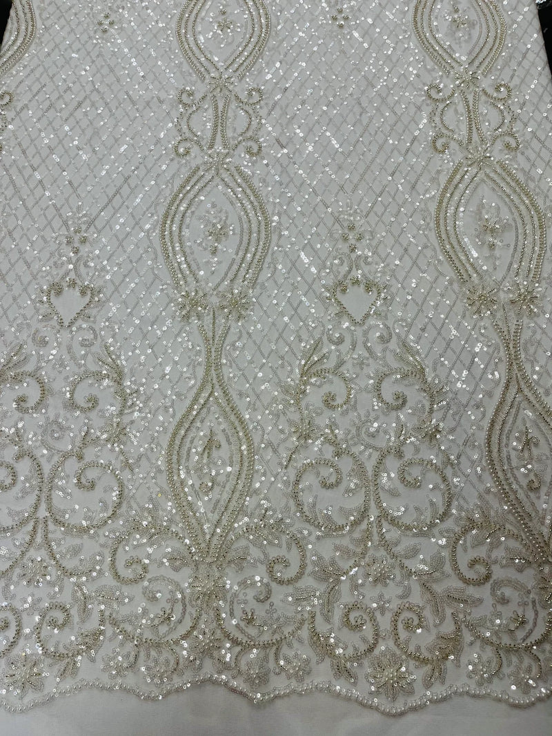 Elegant Damask Beaded Fabric - Off-White - Embroidered Floral Damask Net Fabric Sold By Yard