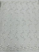 3D Flower Sequin Cluster Design - Off-White - Sequins Embroidered Floral Design on Tulle Sold By Yard