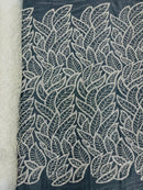 Off-White Wavy Lines Leaf Pattern Beaded Fabric - Embroidered Line Beaded Wedding Bridal Fabric Sold By The Yard