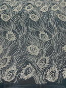 Off-White Wavy Leaf Pattern Fabric - Embroidered Beaded Bridal Fabric Sold By The Yard