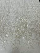 Flower Lines Fashion Design Fabric - Off-White - Embroidered Floral Beads and Sequins Sold By Yard