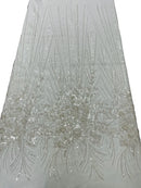 Flower Lines Fashion Design Fabric - Off-White - Embroidered Floral Beads and Sequins Sold By Yard