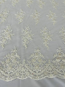 Fancy Border Cluster Fabric - Off-White - Embroidered Beaded Flower Lace Design on Mesh Yard
