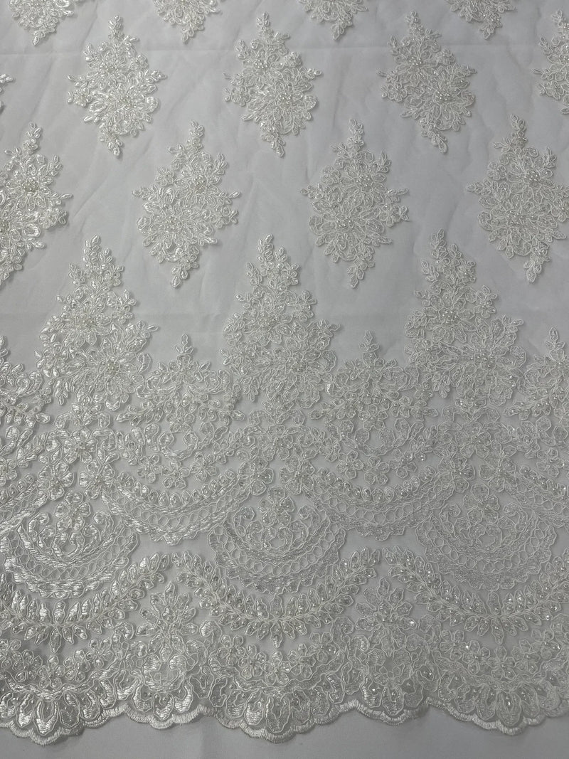Flower Cluster Beaded Fabric - Off-White - Embroidered Beaded Layered Border Fabric Sold By Yard