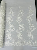 3D Rose Plant Fabric - Off-White - Embroidered Flower Design Rose Fabric Sold by Yard