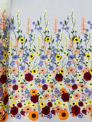 Multi-Color Flower Fabric - Off-White - Embroidered Floral Design Fabric Sold by Yard