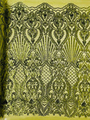 Damask Geometric Sequins - Olive Green - 4 Way Stretch Sequins Design Sold By Yard