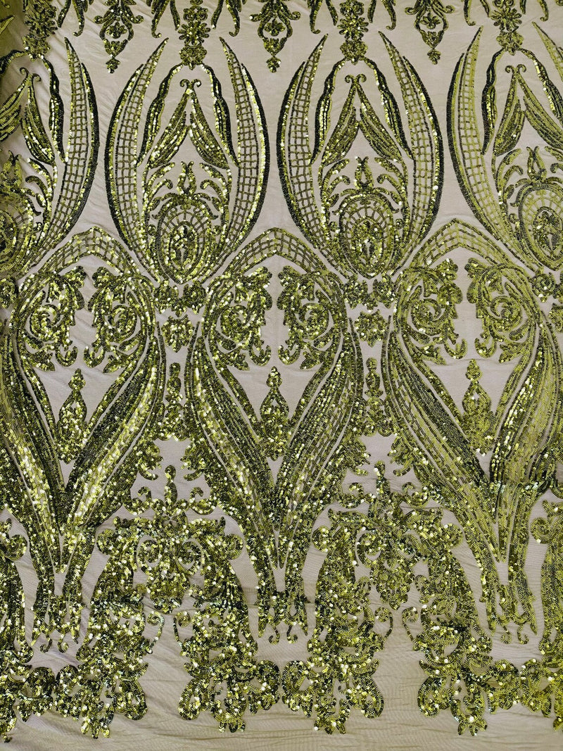 Damask Sequins - Olive - Damask Sequin Design on 4 Way Stretch Fabric By Yard