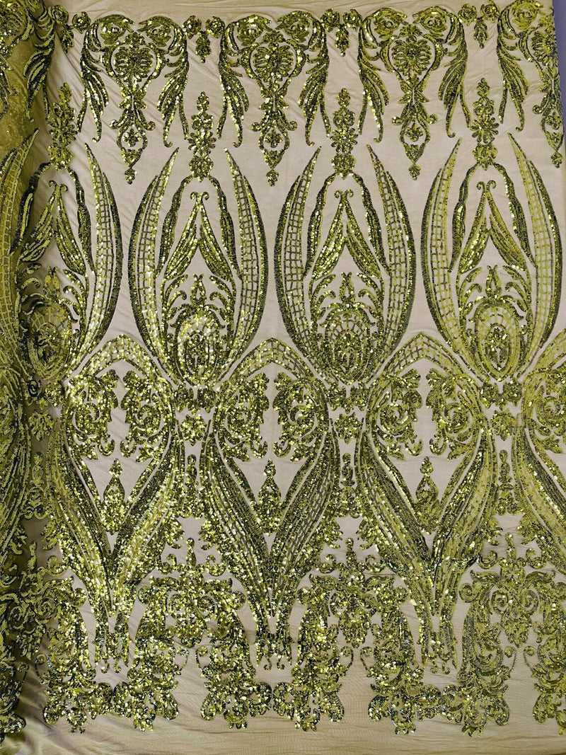 Damask Sequins - Olive - Damask Sequin Design on 4 Way Stretch Fabric By Yard