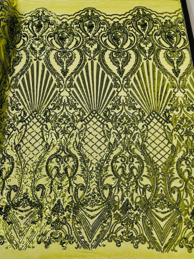 Damask Geometric Sequins - Olive Green - 4 Way Stretch Sequins Design Sold By Yard