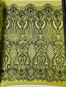 Damask Geometric Sequins - Olive Green - 4 Way Stretch Sequins Design Sold By Yard