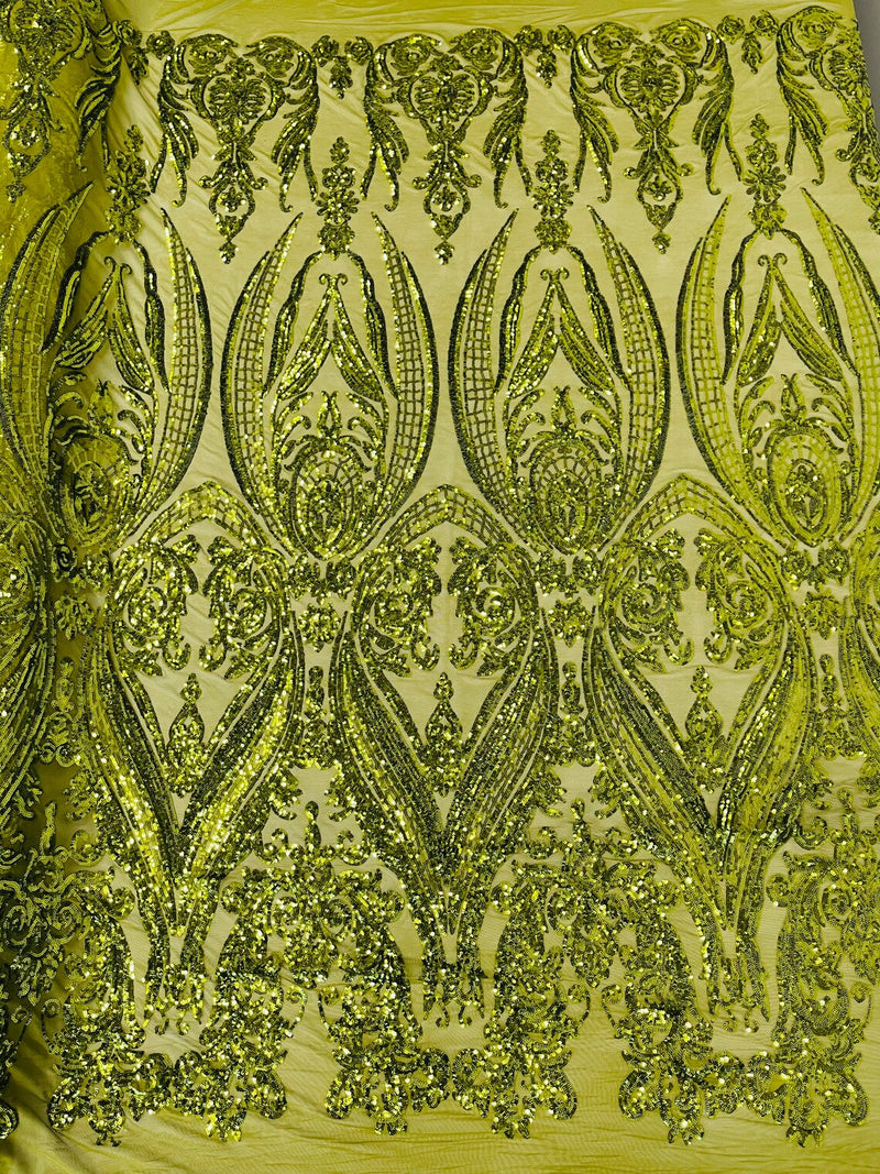 Damask Sequins - Olive - Damask Sequin Design on 4 Way Stretch Fabric By Yard