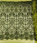 Damask Fancy Pattern Fabric - Olive Green - 4 Way Stretch Sequins Prom Design By Yard
