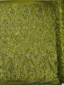 Heart Shape Sequins Fabric - Olive Green - 4 Way Stretch Sequins Damask Fabric By Yard