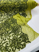 Damask Fancy Pattern Fabric - Olive Green - 4 Way Stretch Sequins Prom Design By Yard
