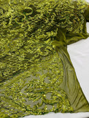Heart Shape Sequins Fabric - Olive Green - 4 Way Stretch Sequins Damask Fabric By Yard