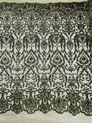 Damask Fancy Pattern Fabric - Olive Green - 4 Way Stretch Sequins Prom Design By Yard