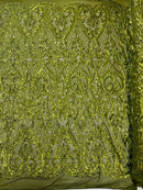 Heart Shape Sequins Fabric - Olive Green - 4 Way Stretch Sequins Damask Fabric By Yard