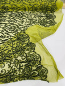 Damask Fancy Pattern Fabric - Olive Green - 4 Way Stretch Sequins Prom Design By Yard