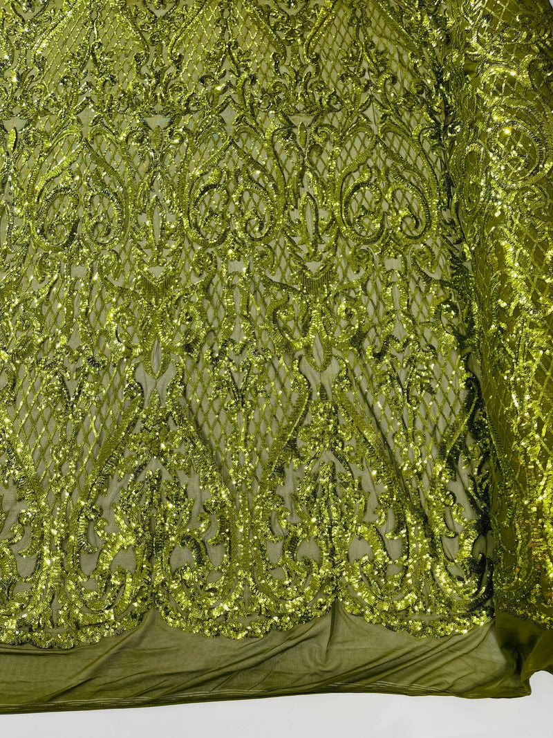 Heart Shape Sequins Fabric - Olive Green - 4 Way Stretch Sequins Damask Fabric By Yard