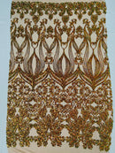 Damask Small Heart Design - Olive Iridescent - Floral Heart Design Sequins on Mesh By Yard