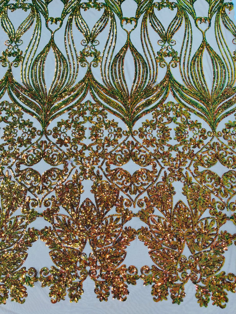 Damask Small Heart Design - Olive Iridescent - Floral Heart Design Sequins on Mesh By Yard